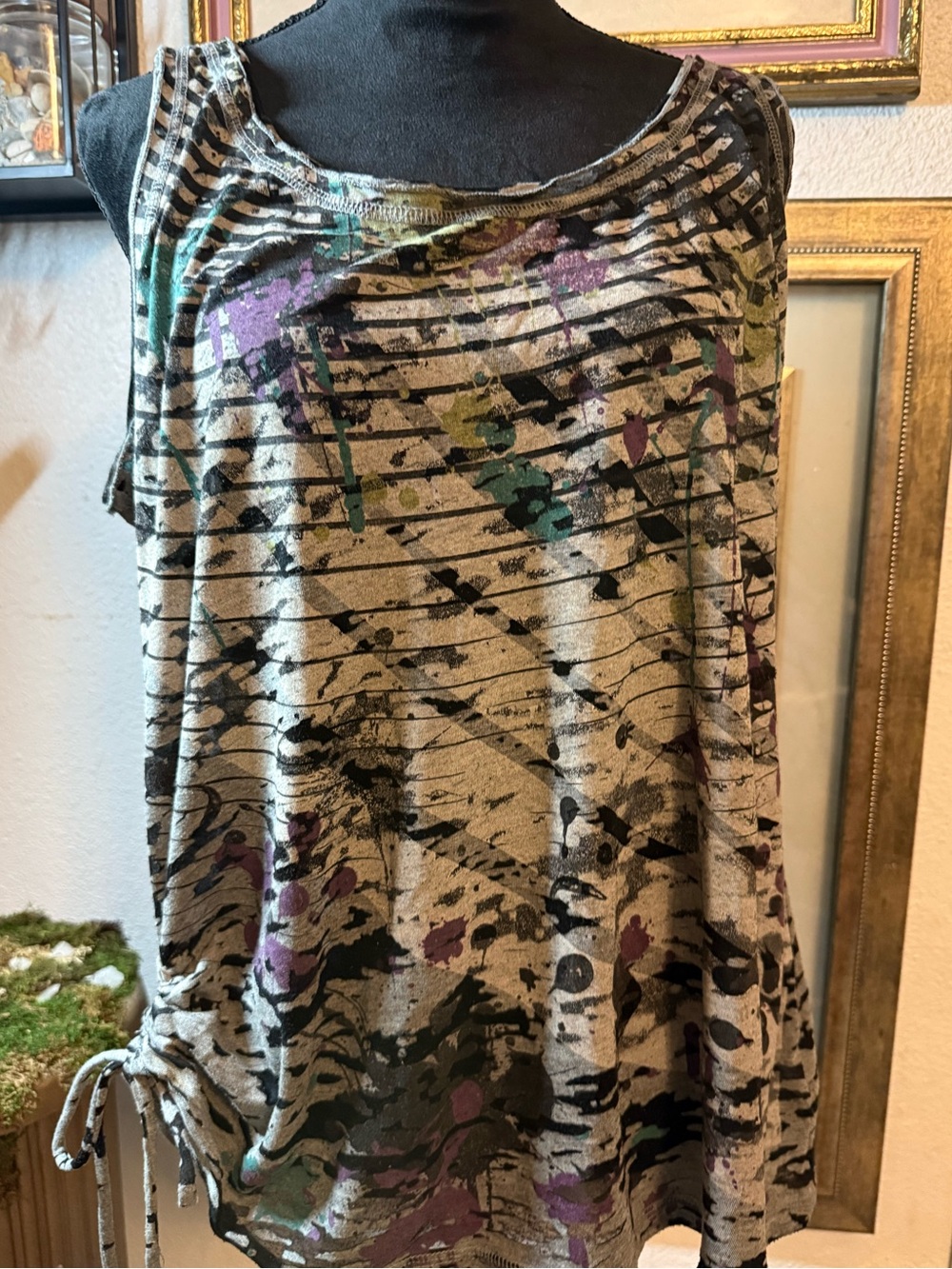 Abstract Paint Splatter Striped Tank Top Ruched Side Drawstring